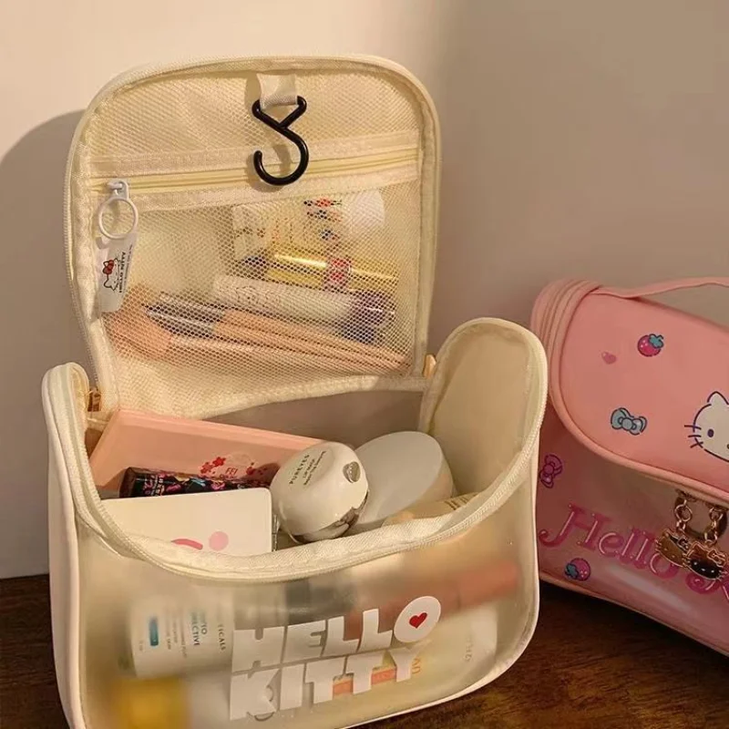 MINISO Hello Kitty Borsa per trucco portatile Borsa portaoggetti trasparente per bagno da viaggio di grande capacità per ragazze