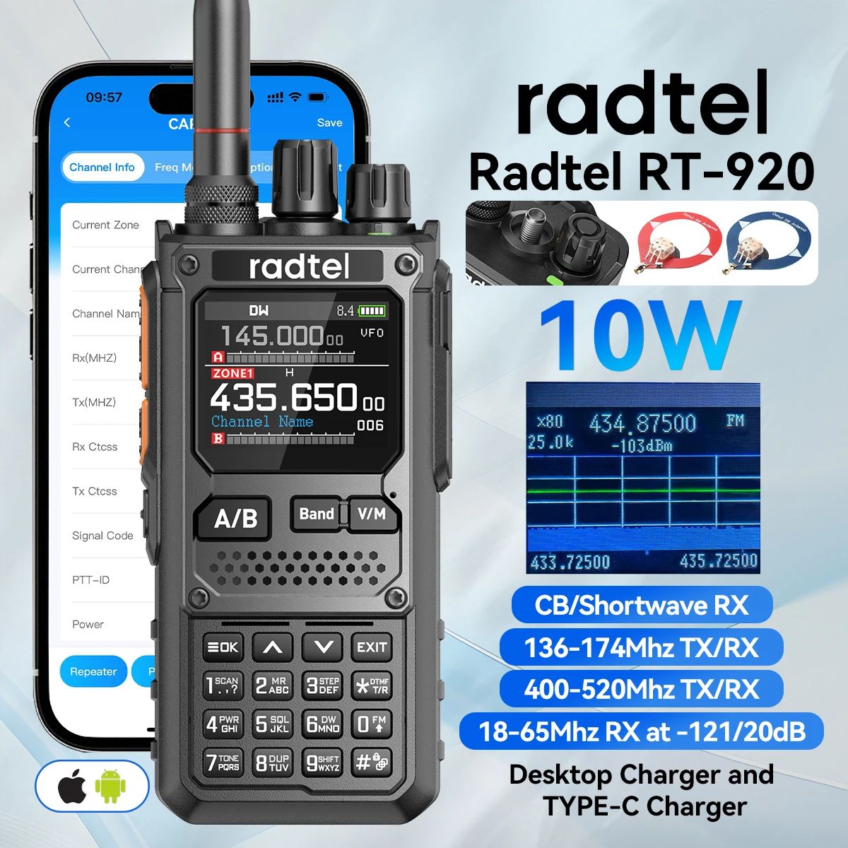 Radtel RT-920 Multiband-Amateurfunk, programmierbar, CB mit Bluetooth-App, UHF, VHF, HF, SSB, AM, USB, LSB, CW, 960 Kanäle, 2200 mAh Akku