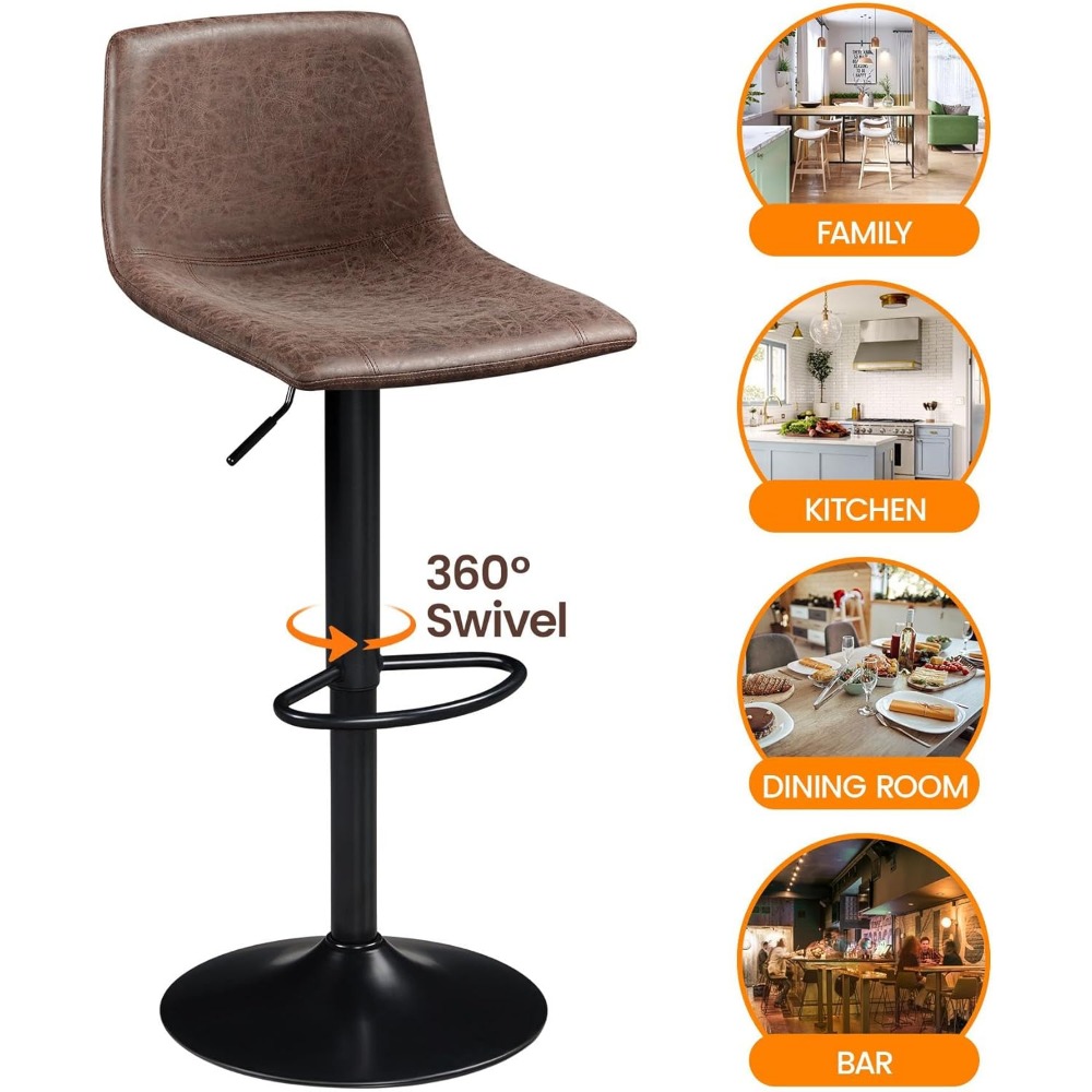 Bar Stools Set of 4, Armless Adjustable Swivel Barstools with Back and Footrest, PU Leather Counter Height Bar Chairs Brown