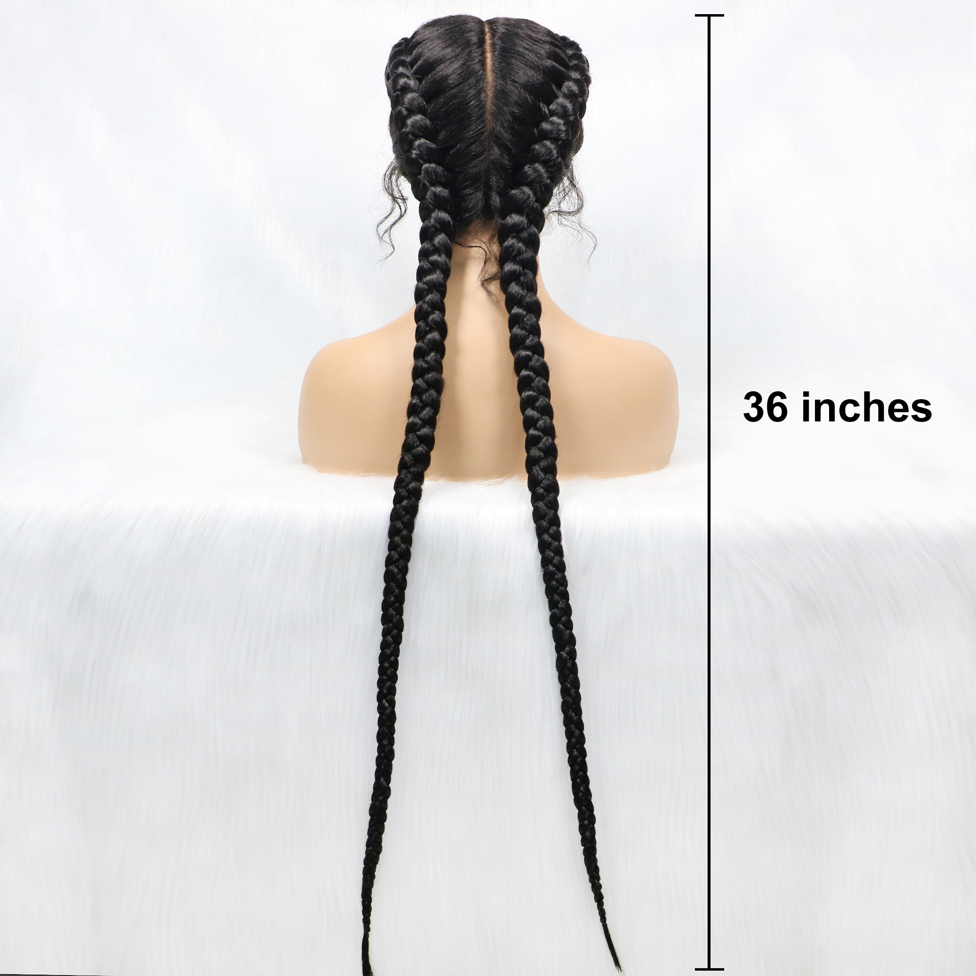 36-Zoll-lange synthetische geflochtene Perücken mit Spitzenfront, niederländische Zwillings-Zöpfe-Perücke mit Babyhaar für schwarze Frauen
