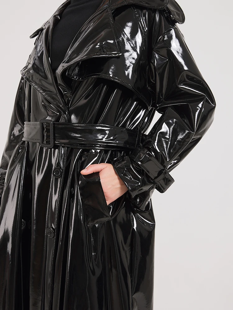 Lautaro printemps automne Extra Long noir brillant réfléchissant doux extensible en cuir verni Trench manteau pour les femmes Maxi pardessus 2024