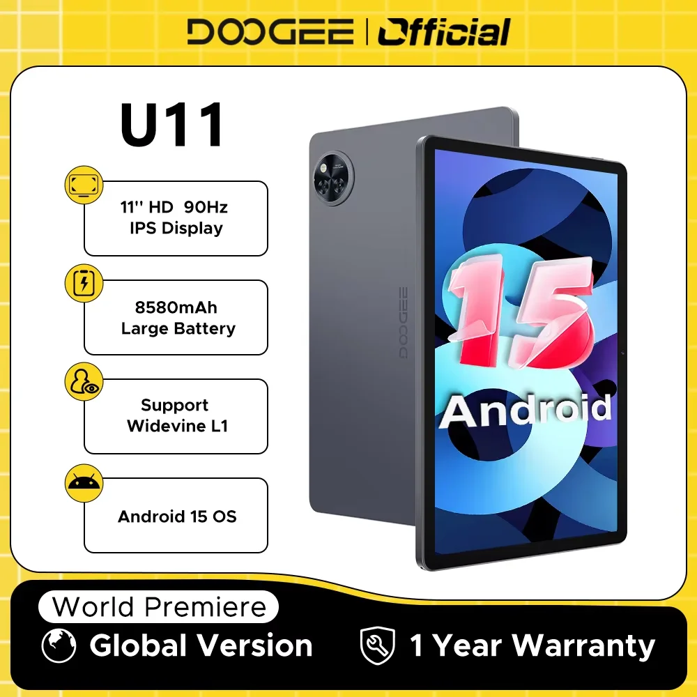 Versão global doogee u11 android 15 tablet 11 "ultra-claro 90hz display 16gb (4 +12) 128gb 8580mah bateria unisoc t606 octa-core
