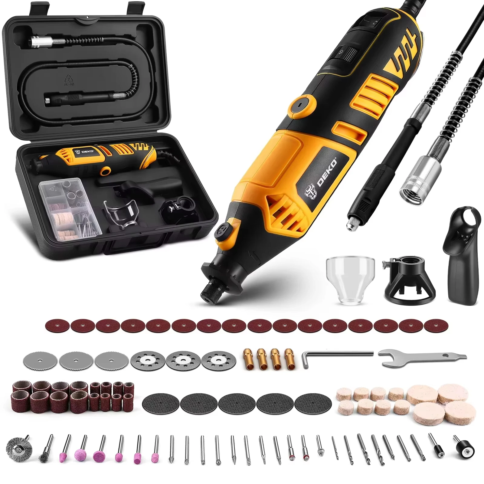 DEKO Kit de herramientas rotativas de 220v, herramientas rotativas manuales eléctricas, Mini para madera/Metal, amoladora eléctrica, taladro