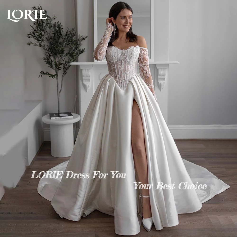 LORIE 레이스 웨딩 원피스, 연인 스플릿 A 라인 신부 가운, 긴팔 맞춤형 아플리케 코르셋 신부 원피스