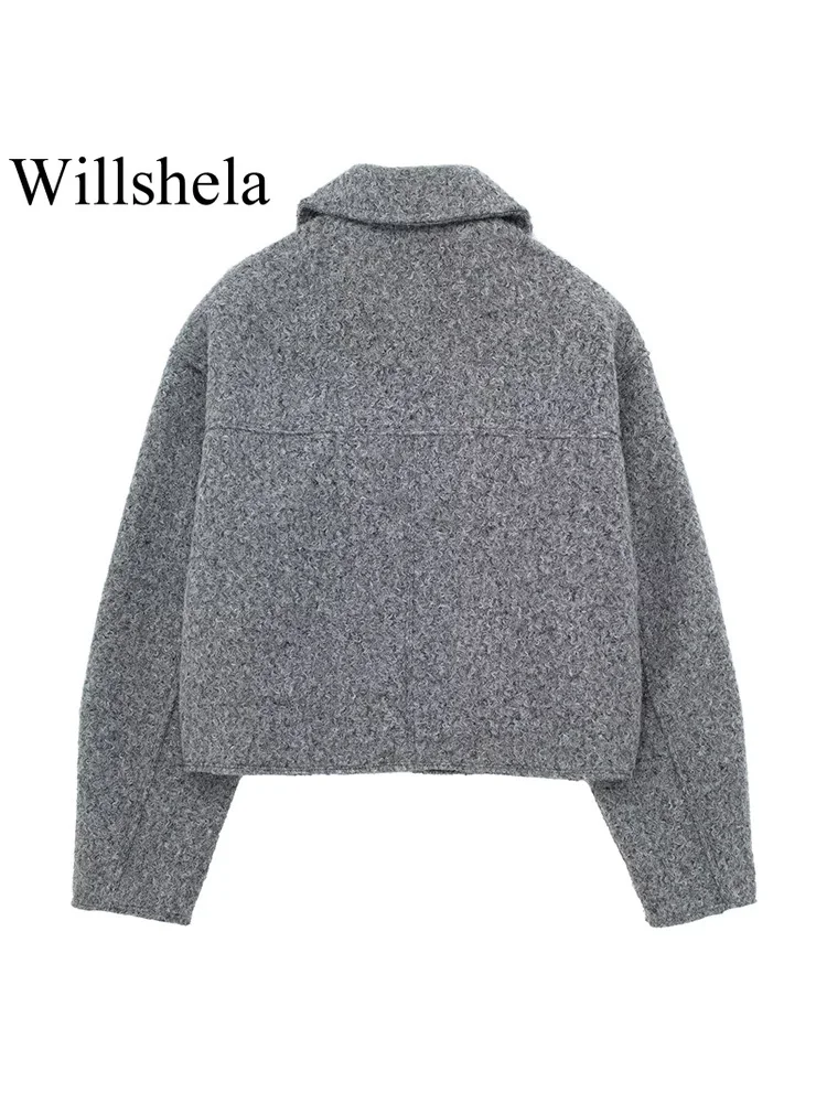 Willshela moda feminina com bolsos cinza frente zíper jaquetas vintage lapela pescoço mangas compridas feminino chique senhora outfits