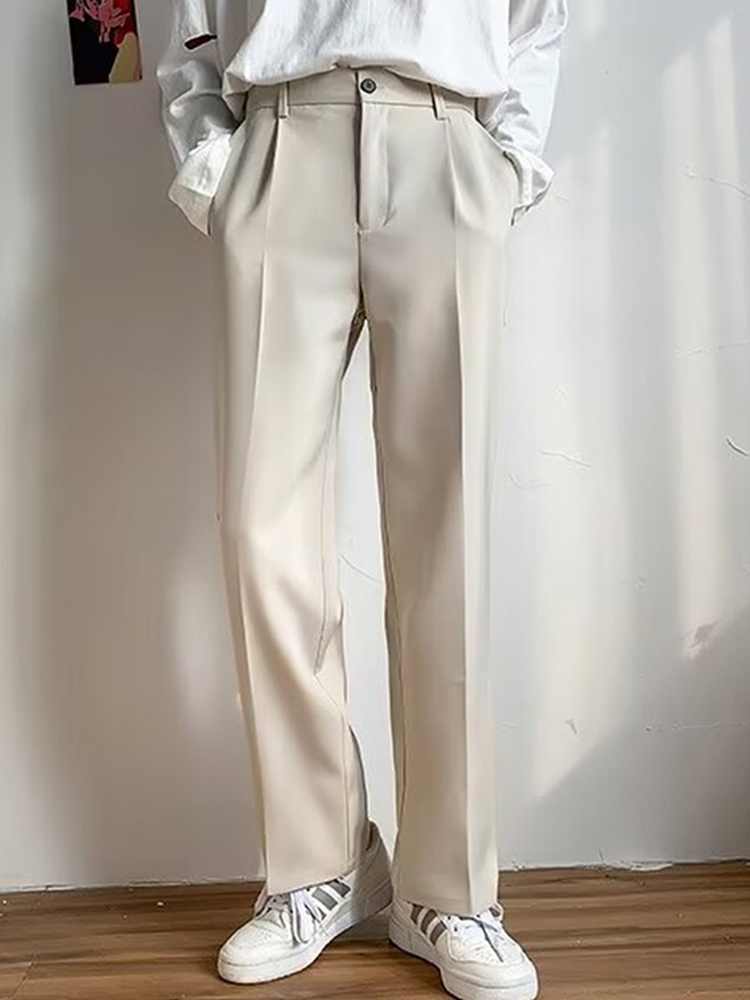 Calças compridas drapeadas masculinas, versão coreana tendência slim fit calças casuais de pés pequenos, calças de terno de perna reta masculinas primavera e outono