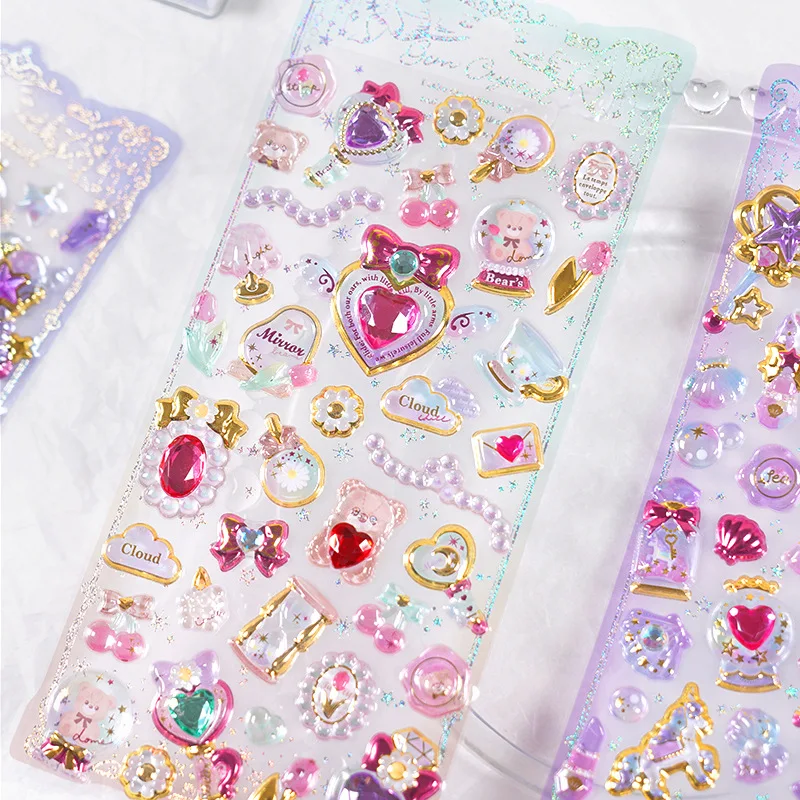 1pc/4 pçs aleatório kawaii delicado 3d feminino pedra preciosa dourado adesivos scrapbooking diy diário papelaria adesivo deco arte suprimentos