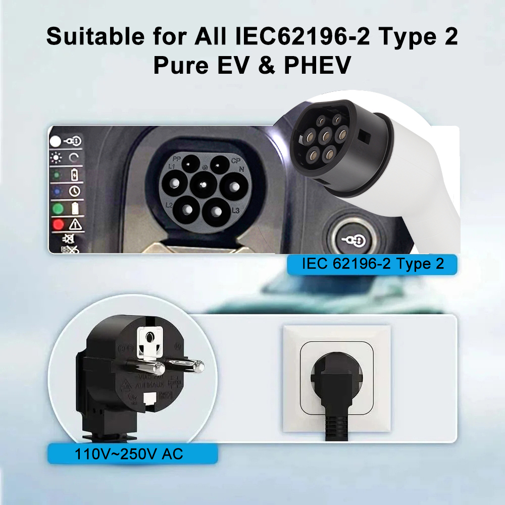 Teschev 220V 230V 16A przenośna ładowarka EV Type2 kabel ładujący IEC62196-2 przewód Wallbox wtyczka Schuko do samochodu elektrycznego