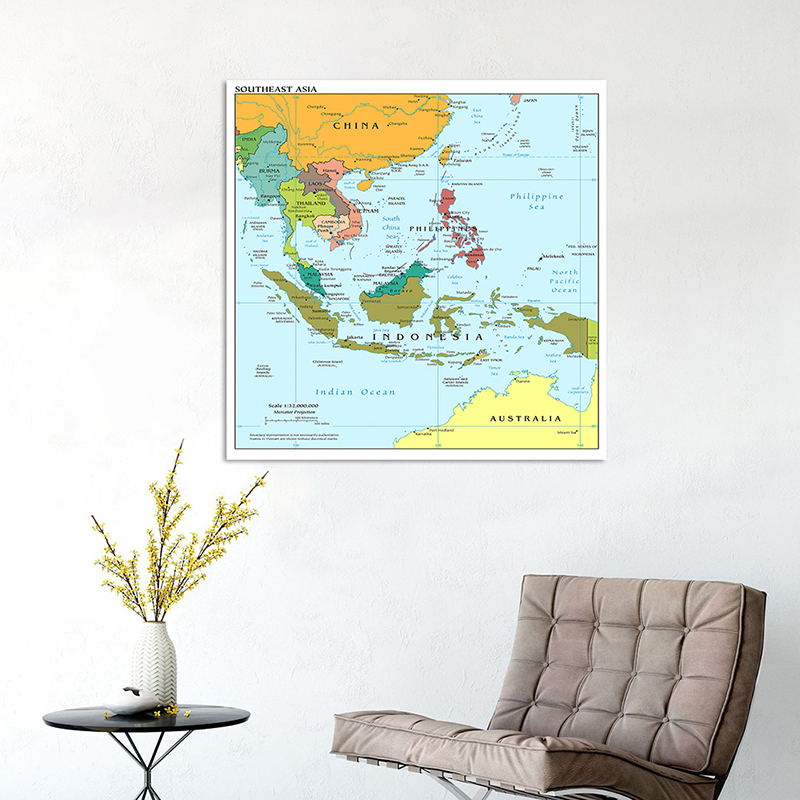 90*90cm mapa Azji Południowo-Wschodniej w języku angielskim włóknina płótno malarstwo plakat bez ramki dekoracja wnętrz szkolne materiały szkolne