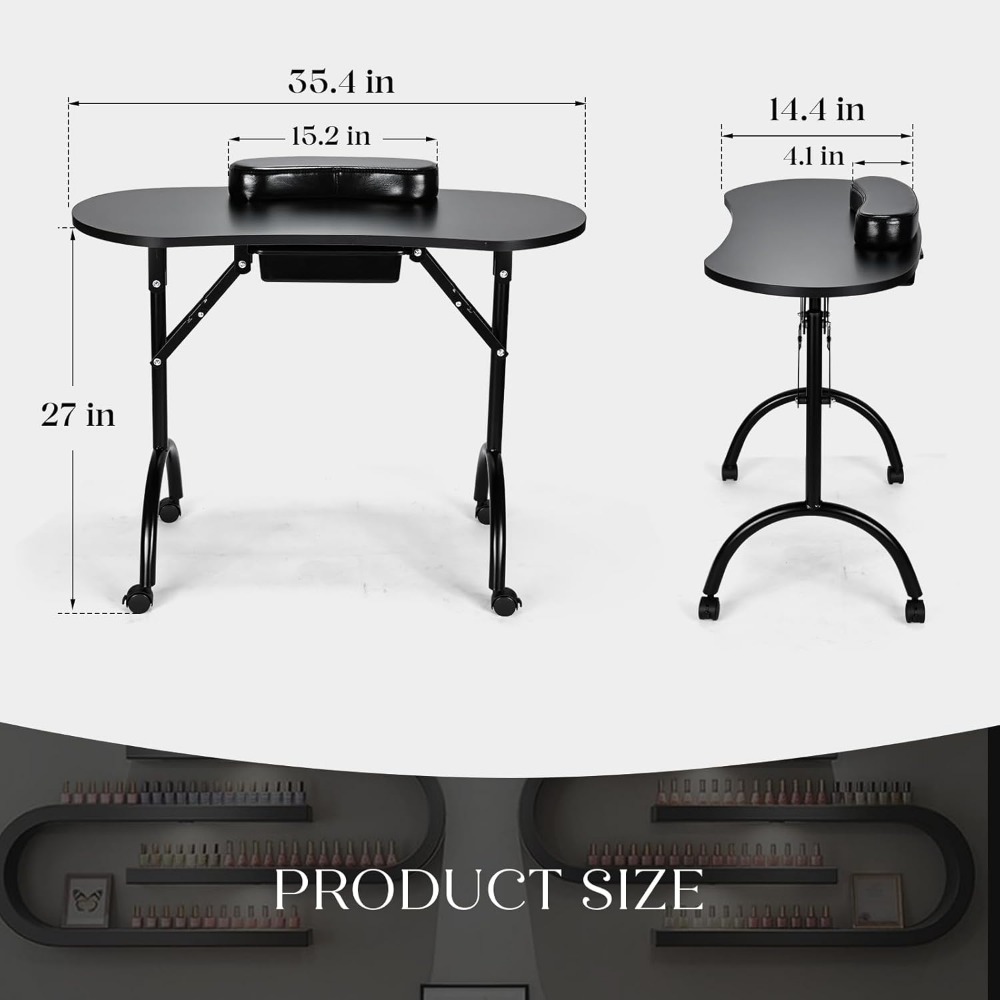 Portable Nail Table Manicure Desk Foldable Nails Tech Station Professional Nail Desk with Drawer & Wrist Rest Wheeled Manicurist