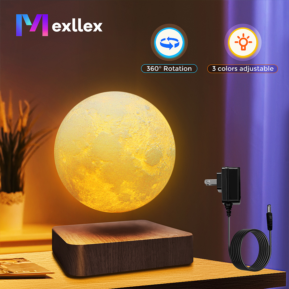 Lewitująca magnetyczna pływająca lampka nocna Moon, temperatura 3 kolory, kreatywna lampa stołowa 3D LED z drewnianą podstawą do biura prezentowego