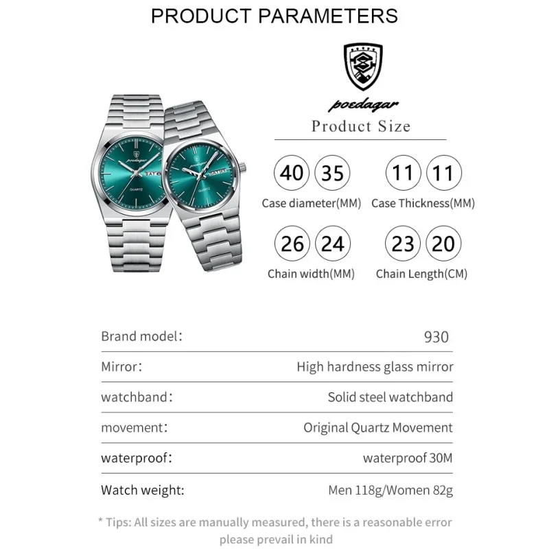 Poedagar casal relógios tendência da moda relógio de quartzo original para amante à prova dwaterproof água luminosa data semana relógio de pulso masculino e feminino