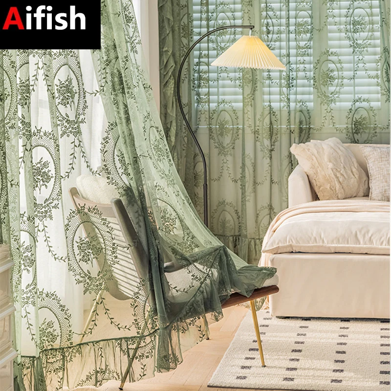 Màu Xanh Đậm Sheer Vintage VOAN Rèm Cửa Thanh Lịch Ren Thêu Hoa Ánh Sáng Lọc Cửa Sổ Bộ Chăn Drap Cho Phòng Ngủ Ban Công