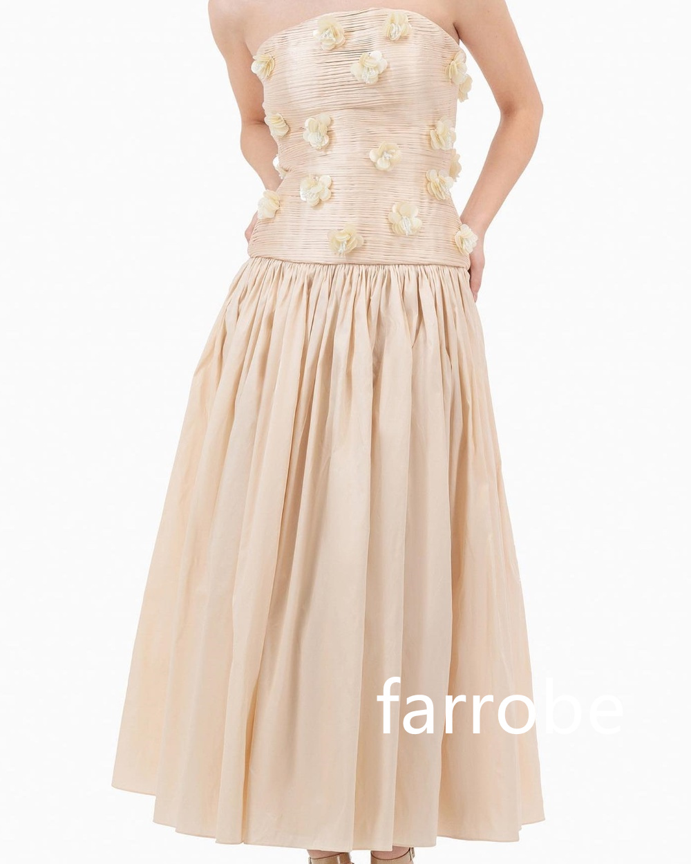 Customized Intricate Jersey Pleat Flower A-line Strapless Midi Dresses Bespoke Occasion Dresses Classic Exquisite Modern Style P