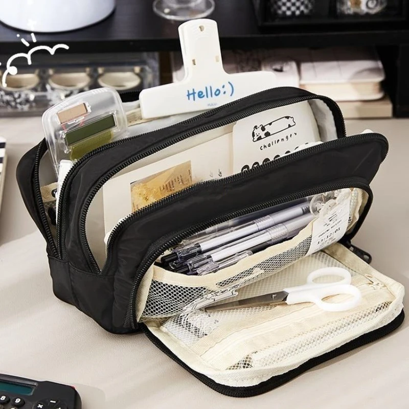 Estuche para lápices con ventana de tres capas con múltiples compartimentos, estuche para lápices multifuncional y de gran capacidad