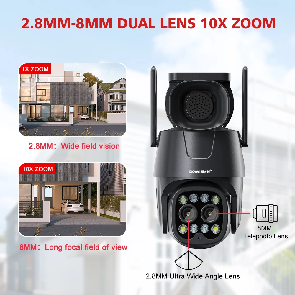 IP Cam Wifi/4G ซิมการ์ด PTZ 4MP 8MP Dual เลนส์ 2.8 มม.-8 มม.10X ซูมกลางแจ้ง AI การติดตามมนุษย์สี night Vision security Cam