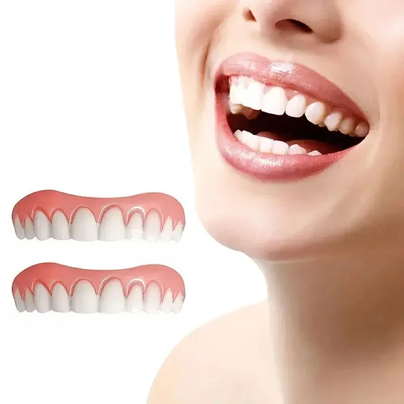 Cómodos dientes postizos sonrientes con relleno de pegamento para dientes, carillas superiores e inferiores desechables, maquillaje de dientes, diente falso temporal