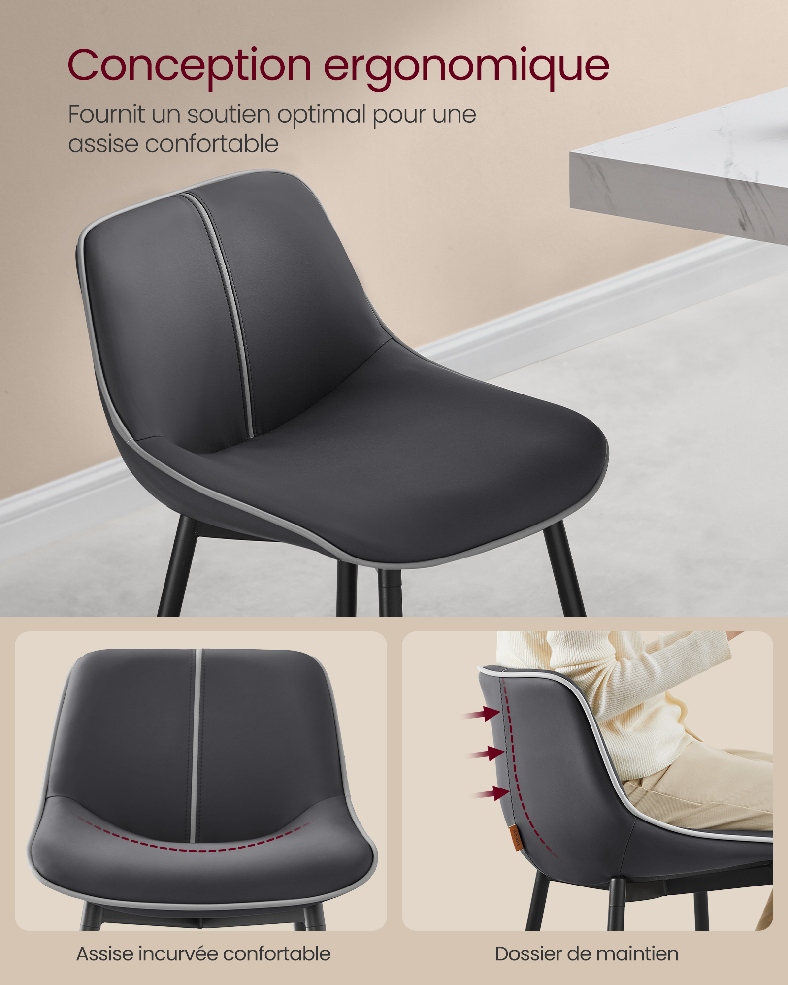 Tabourets de Bar, Lot de 2, Ergonomique, PU, Structure Métallique avec Pieds Réglables Articulés, 73 cm de Hauteur, Noir d'encre