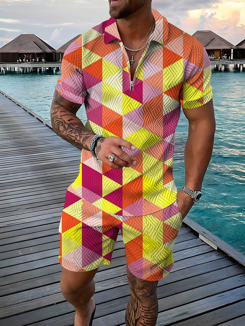 Summer Fashion Men's Sweatsuit set Colored Patches 3D Print Casual Zipper Polo Shirt + Shorts 2pcs Sets Oversized Tracksuit Sets