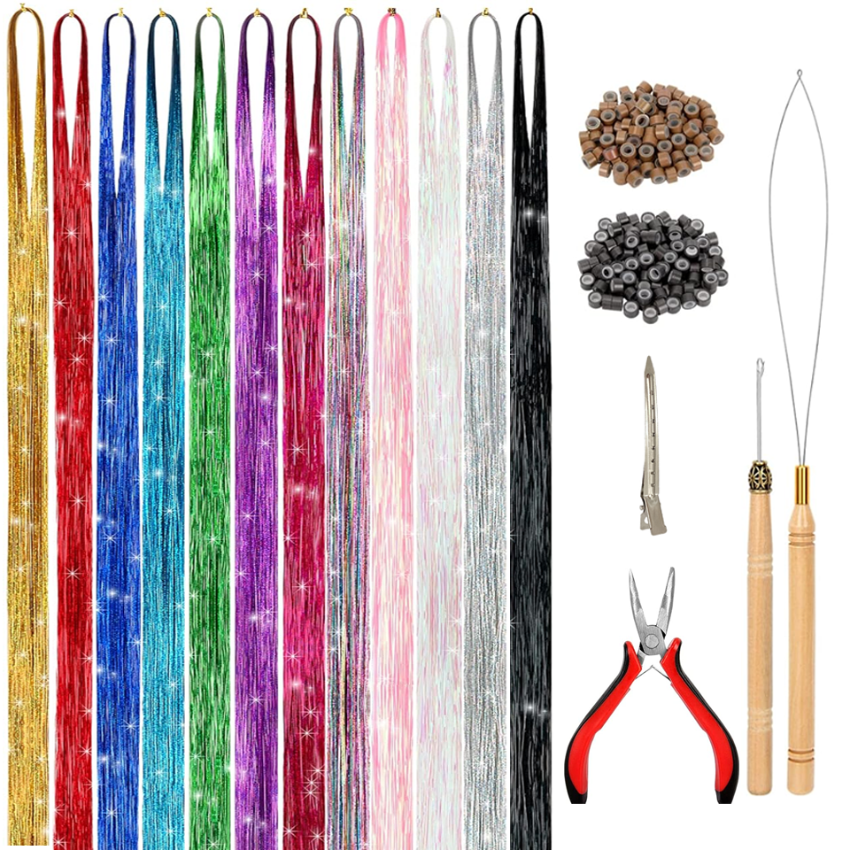 Kit de oropel para el cabello, extensiones de cabello de oropel de hadas con herramienta, 12 colores, resistentes al calor para Navidad, fiesta de Año Nuevo, 48 pulgadas