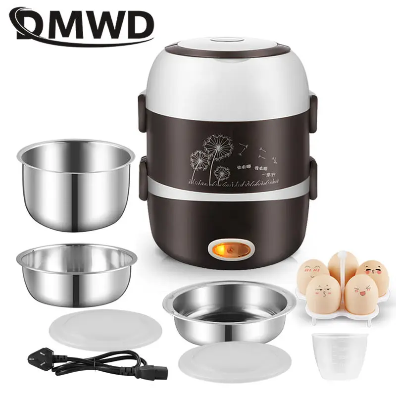 DMWD Điện Nồi Cơm Điện Mini 2/3 Lớp Thép Không Gỉ Lót Di Động Vỉ Luộc Trứng Hấp Thực Phẩm Hâm Nóng Hộp Cơm Trưa Multicooker 2L