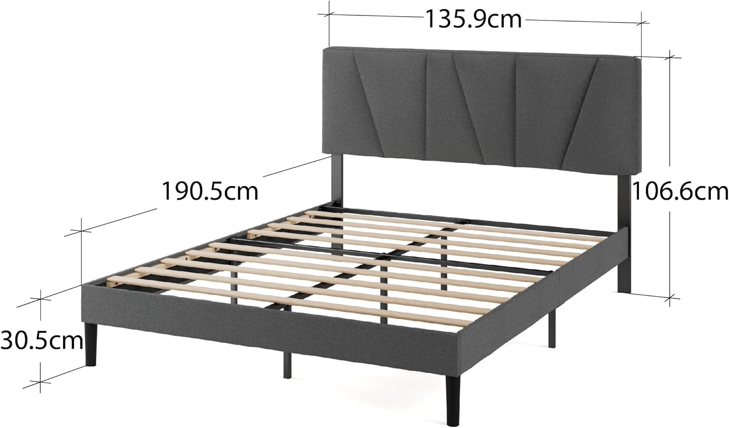 Maya Double Bed Frame  Bed 135 x 190 cm  30cm Height  Upholstered platform bed frame with Headboard  Wooden slat suppo