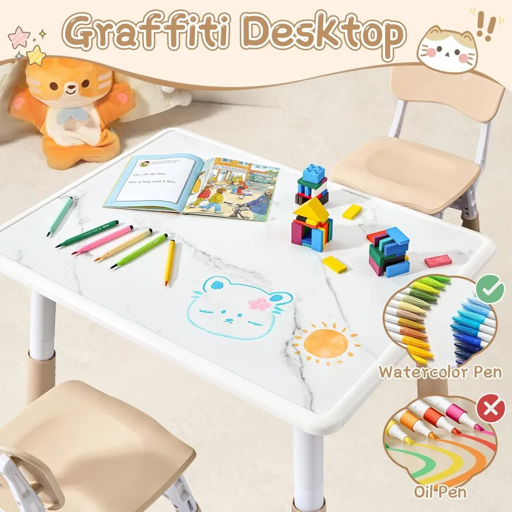 Adjustable Kids Table and 4 Chair Set, Height Adjustable Multi-Activity Play Desk, Marble Graffiti Design, Preschool Montessori