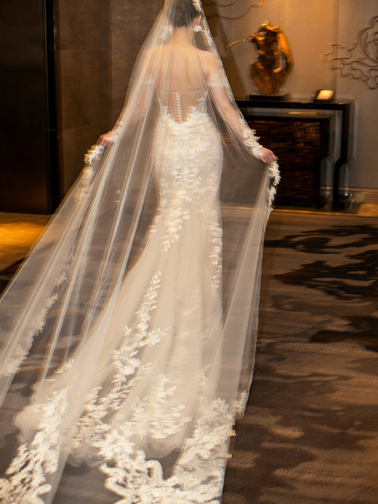 Voiles de mariage ivoire blanc long, long, cathédrale, patients, stock d'appliques, accessoires de mariage