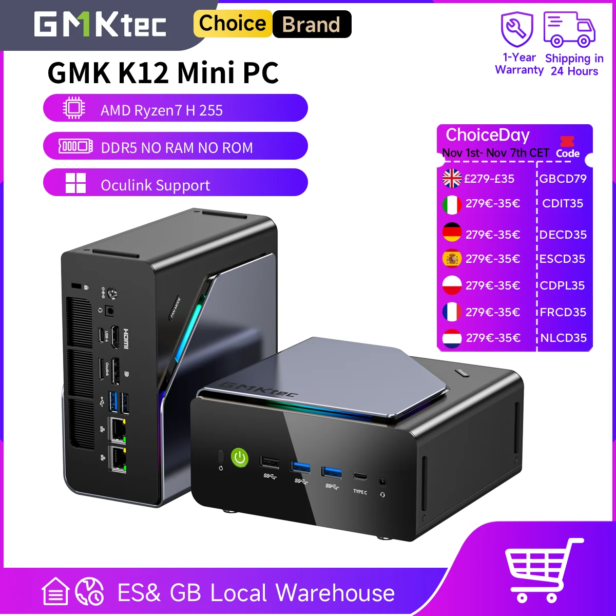 GMKtec K12 Mini PC AMD Ryzen7 H 255 (Upgraded 8745HS) Oculink Support DDR5 NO RAM NO ROM NO OS Desktop Computer Gaming PC WIFI6E