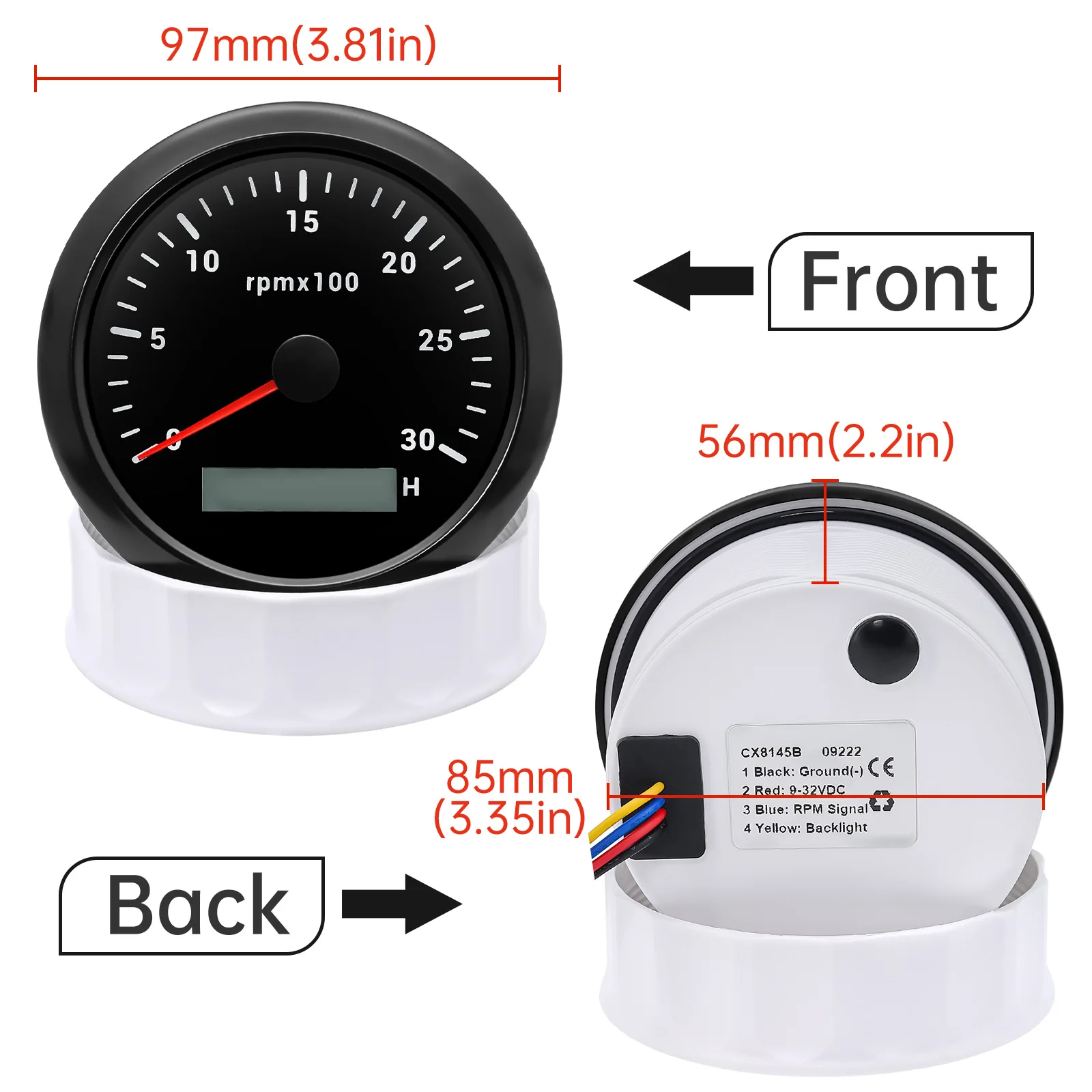 Sau Công Nguyên 85MM Đo Tốc Độ Có Màn Hình LCD Giờ Đồng Hồ Cho Mềm Thuyền Xe Vòng/Phút Đồng Hồ Đo 0-3000 4000 8000 Vòng/phút đồng Hồ Đo Trạch Cảm Biến 7 Màu Đèn Nền