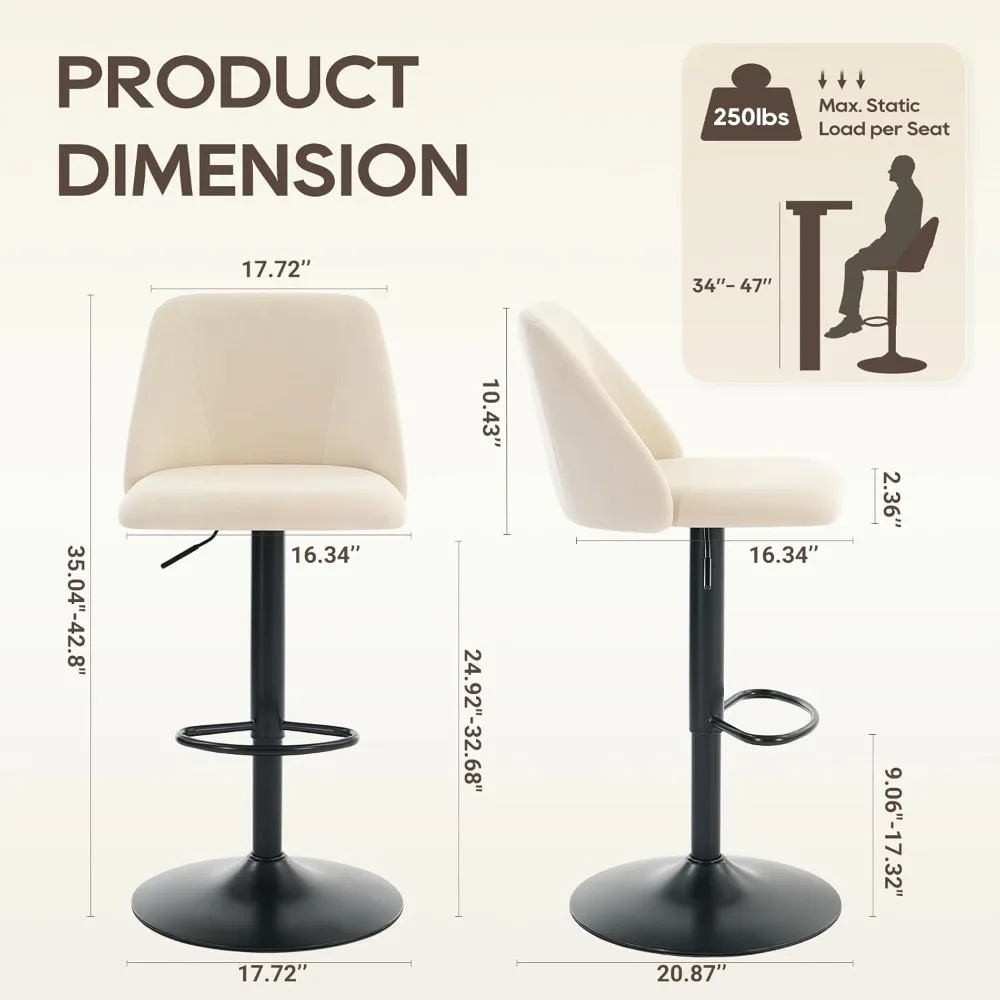 Adjustable Bar Stools Set of 2 or 4 or 6, Swivel Bar Chairs Barstool Counter Height Full Backrest for Bar Dining Room Kitchen