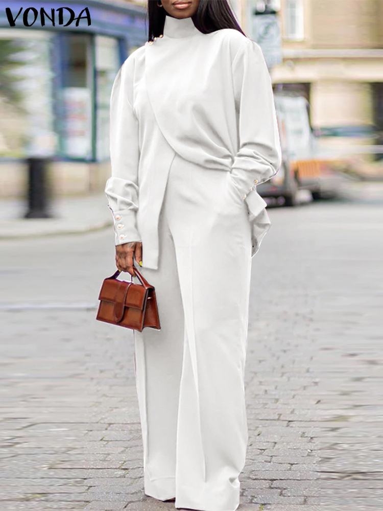 Plus Size VONDA Women Autumn High Neck Suits Solid Color Long Sleeve Matching Sets Elegant Split And Wide Leg Long Trousers 2PCs