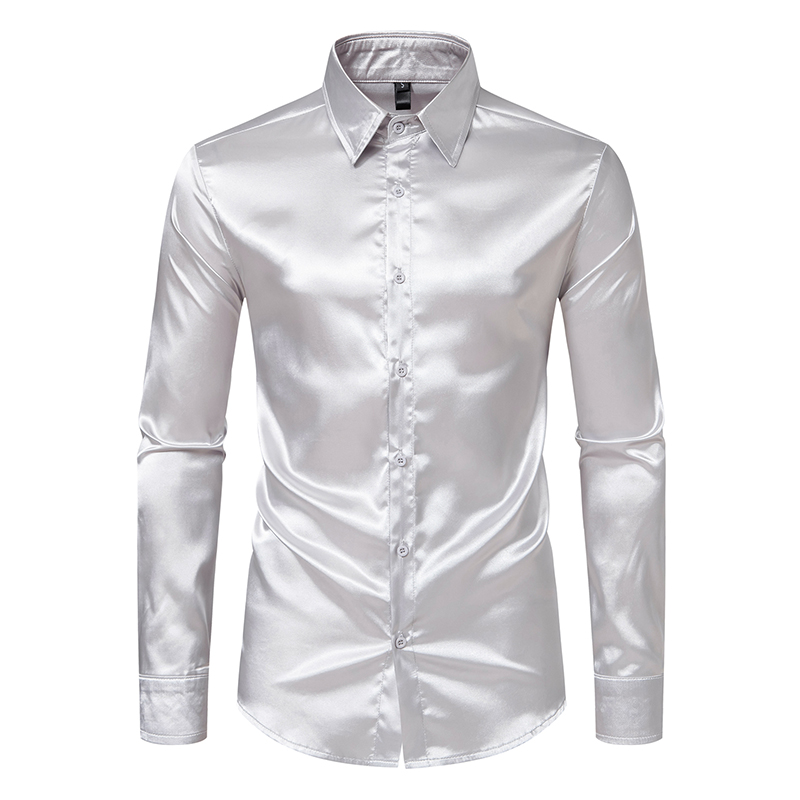 Men's Black Satin Luxury Dress Shirts Fashion Silk Smooth Tuxedo Shirt Solid Wedding Party Prom Casual Shirt Business Office