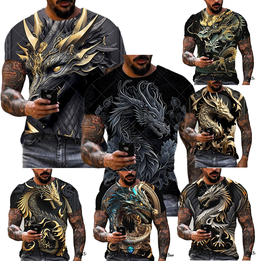 Camiseta con estampado de dragón para hombre, camisa de manga corta con estampado 3d de animales, ropa de calle de gran tamaño, Tops informales de verano