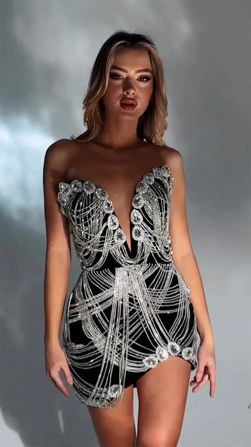 Vestido de lujo Sexy para mujer, vestido de diamantes de imitación con cuentas brillantes, vestido de escenario plateado, vestido de actuación, vestido de fiesta de celebración de cumpleaños