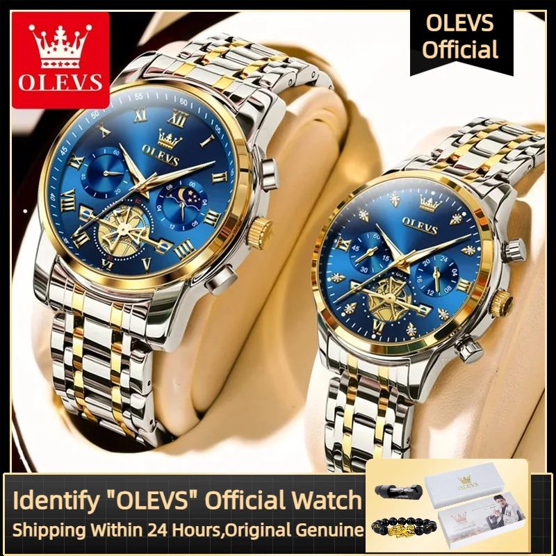 Olevs relógio de quartzo para casal, marca de luxo, à prova d'água, fase lunar, código de temporização, elegante e romântico, amante, seu casal