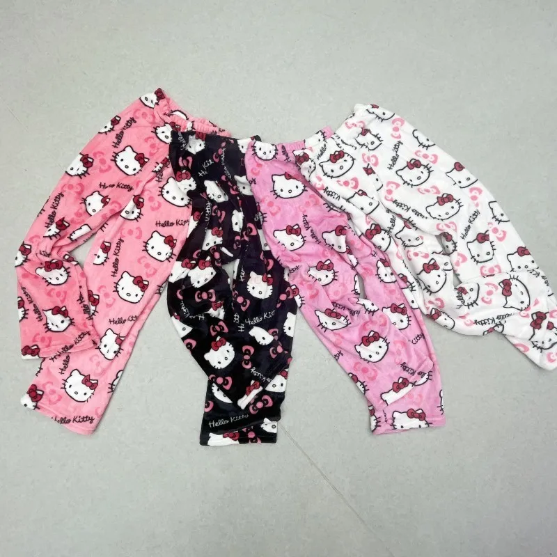 Sanrio Hello Kitty piżama czarna Anime flanelowa damska ciepła wełniana Whitecartoon Casual spodnie domowe jesienne modne spodnie prezenty