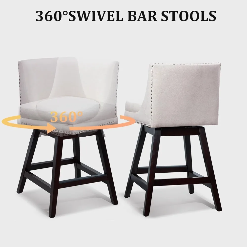 26 Inch Counter Height Bar Stools (Set of 2) - Modern Swivel Stools with Back, Oak Wood Legs for Kitchen Island
