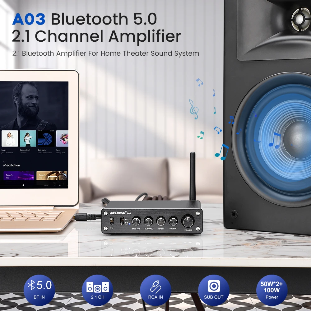 AIYIMA TPA3116 Subwoofer Bluetooth Verstärker HiFi TPA3116D2 2,1 Digital Audio Power Verstärker 50Wx2 + 100W Sound Amplificador A03