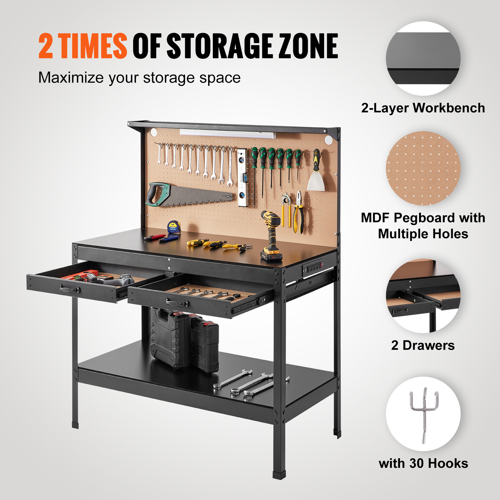 SucceBuy 220lbs Garege Workbench A3 Steel Work Bench with 2xUSB Ports & 30xHooks Workspace for Workshop Hardwood Working