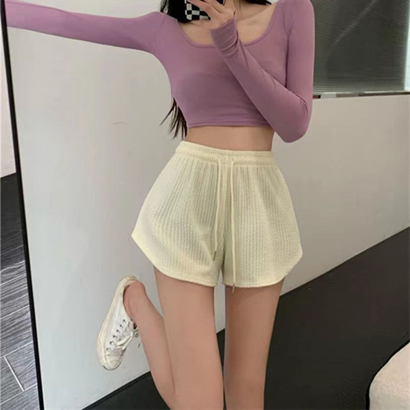 Summer Women's Casual Shorts Fashion Solid Color Waffle Loose Drawstring Shorts Holiday Leisure Fitness Running Shorts