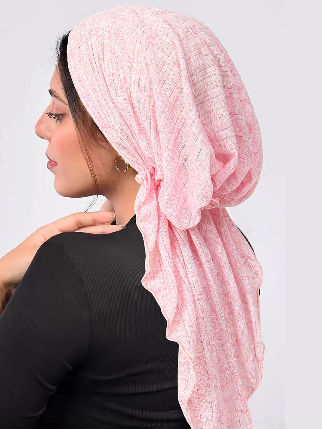 Cor sólida crinkle muçulmano hijab bonés envoltório cabeça macio elástico cauda longa turbante bonnet moda feminina cocar wearable