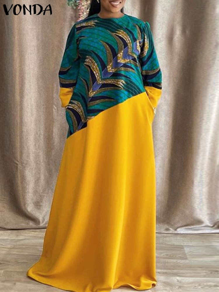 VONDA-女性のためのヴィンテージプリントマキシドレス,ボヘミアンパッチワーク,カジュアルなイブニングドレス,長袖のゆったりとしたドレス,大きいサイズ,5xl