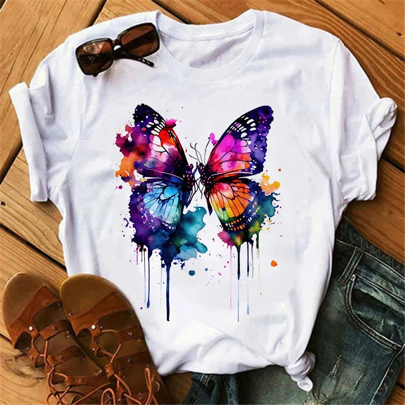 女性用ゴシックバタフライツリープリントTシャツ,ラウンドネックトップ,半袖,カジュアル,夏,原宿