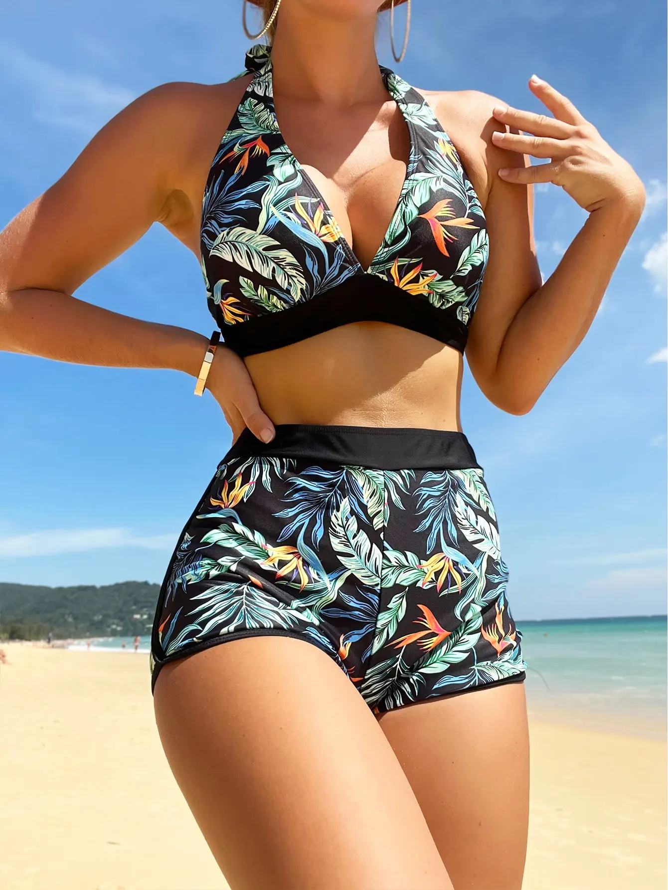 2025 Halter Bikini Set Kurzen Badeanzug Frauen Hohe Taille Bademode Weibliche Gedruckt Badegäste Schwimmen Badeanzug Bademode
