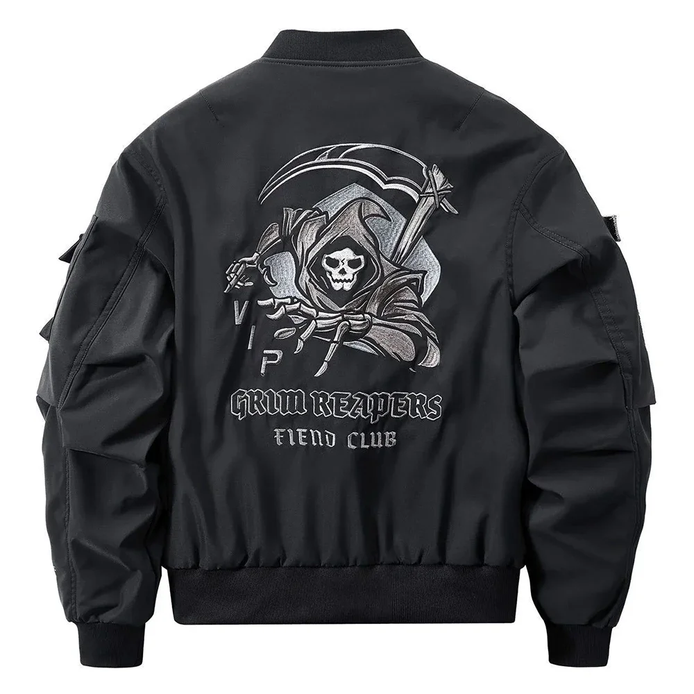 Homens outono inverno americano rua workwear jaquetas 2024 novo bolso com zíper cor sólida crânio morte bordado moda tendência jaqueta