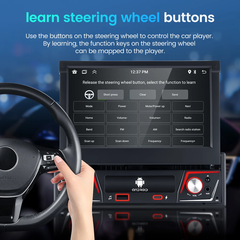 1 din Autoradio Android Carplay Auto Universale 7 "IPS Schermo retrattile Navigazione gps 1Din Android 12 Lettore video multimediale