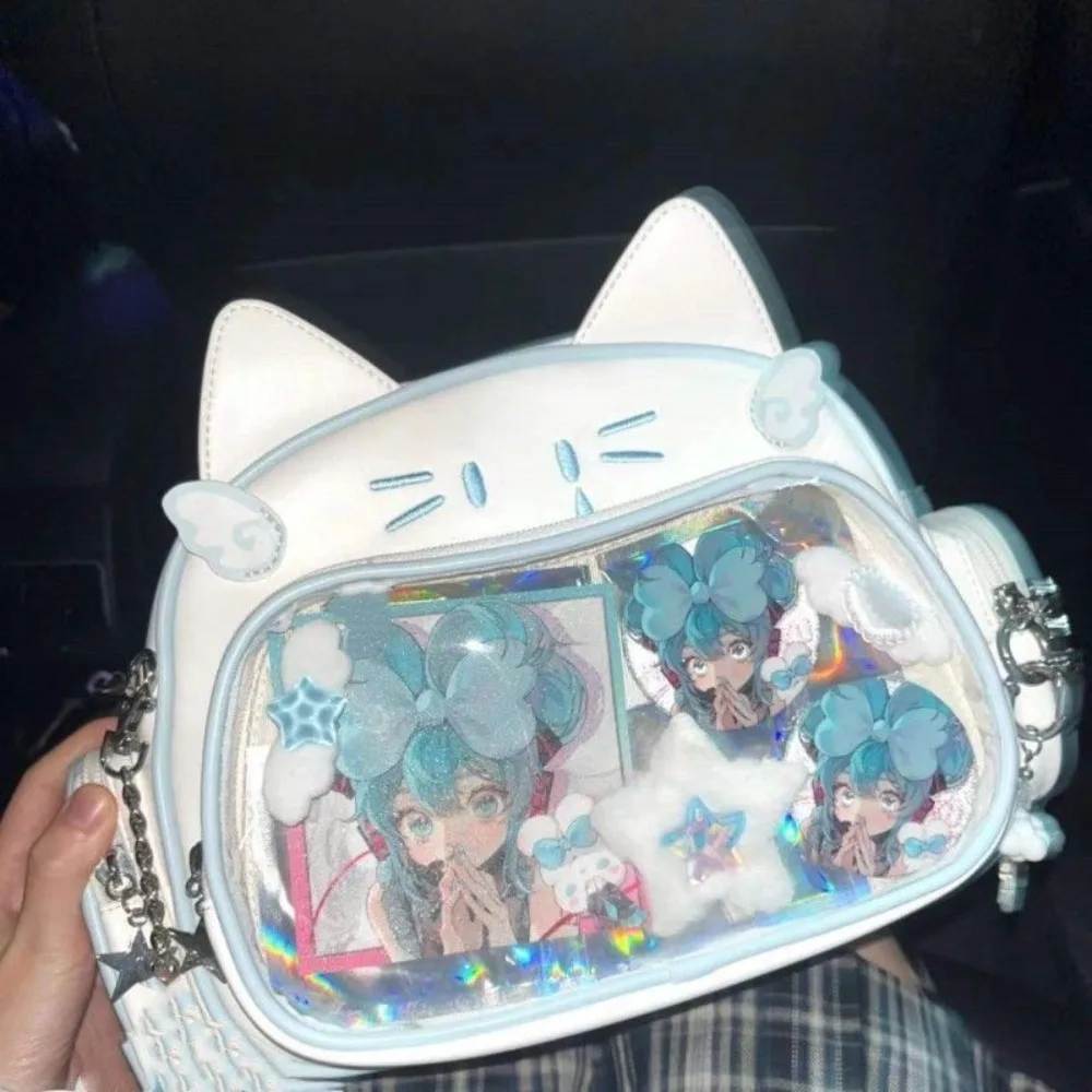 Y2K Borsa coreana Kawaii Cat Lolita Borsa a tracolla in PU carina Ragazze Tasca trasparente Borsa a tracolla Harajuku Zaini moda donna