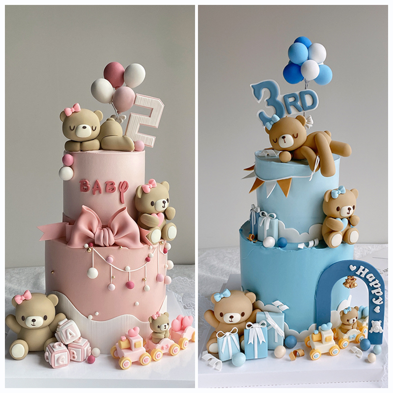 Pink Blue Bear Birthday Cake Toppers Adorable Baby's Happy One 1st Birthday Cake Baby Shower Bear Theme Party Gender Reveals