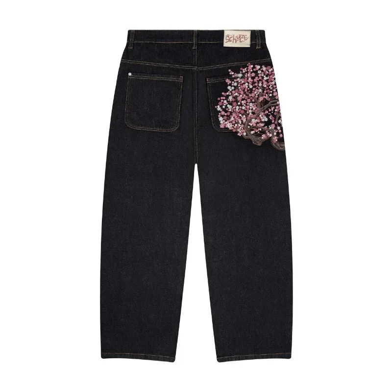 Y2K-pantalones vaqueros góticos vintage con bordado de flores de ciruelo, pantalones de pierna ancha de tela vaquera con patrón Harajuku, ropa de calle de estilo americano para hombres y mujeres